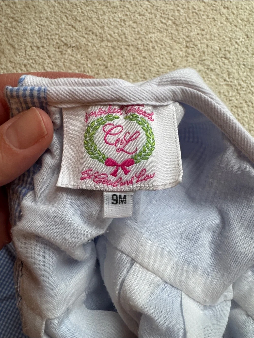 Cecil and Lou Blue Gingham Train-Embroidered Long Bubble